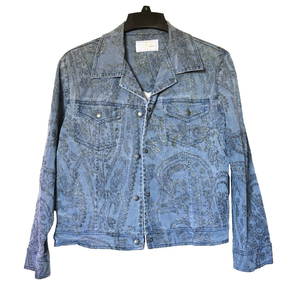 Equestrian‎ Designs Paisley Denim Jacket Blue Glitter Accents Size Large Y2K